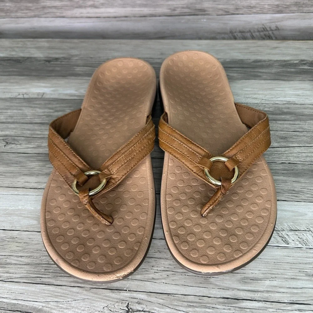 Vionic Womens Sandals Size 10 Tide Aloe Leather Thong Flip-Flops Brown - Picture 2 of 5